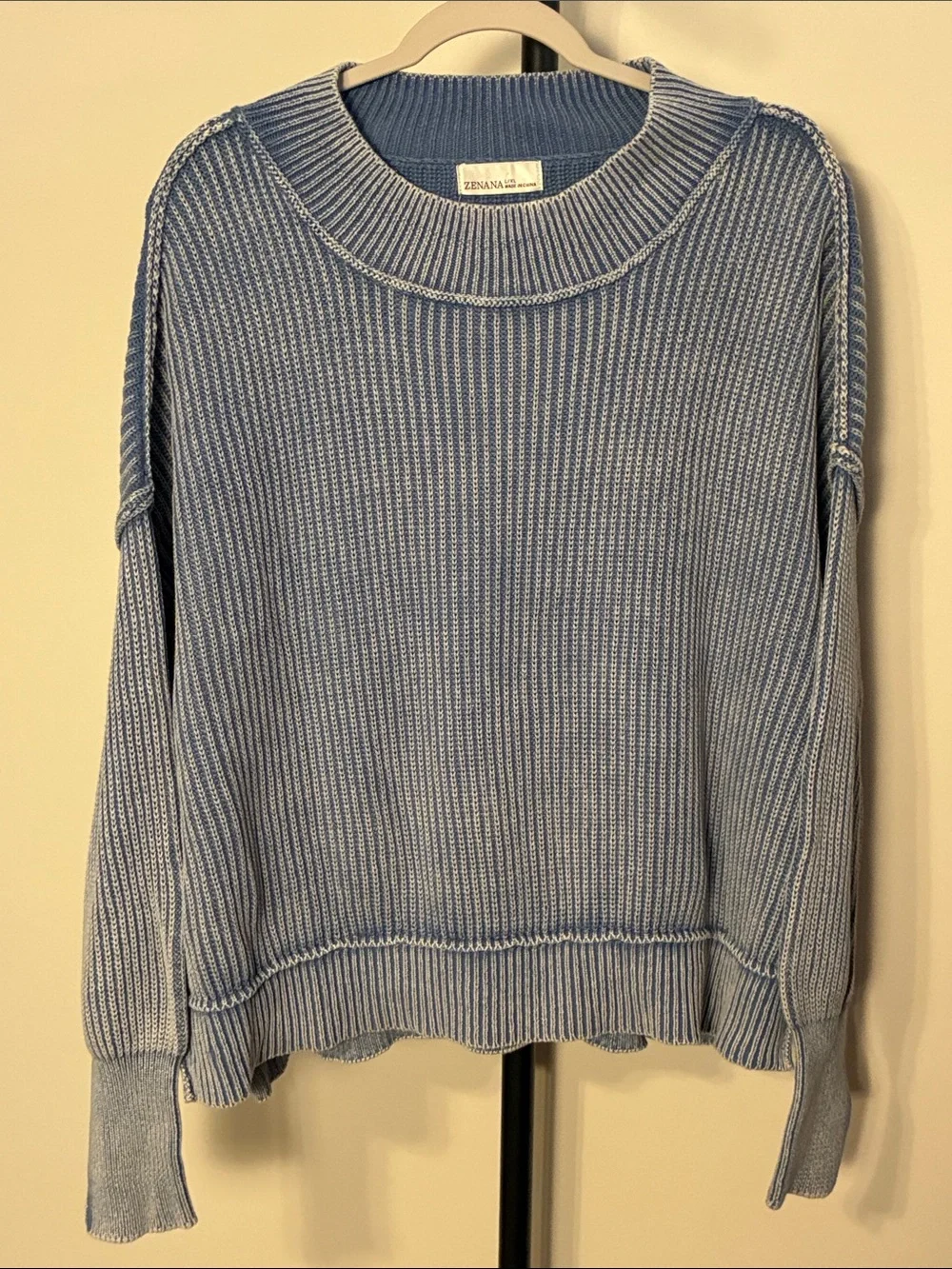 Zenana Large/XL Mock Neck Ribbed Sweater  Dusty Blue Exposed Seams OVERSIZED